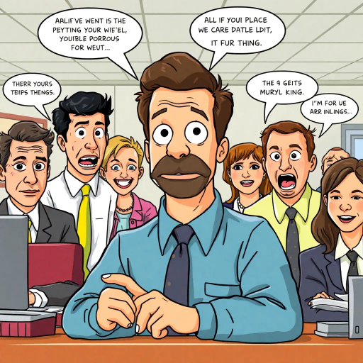satirical humor, everyday life, workplace dynamics, vibrant colors, exaggerated expressions, quirky characters, Michael Scott, camera angles, documentary style, playful tone, American culture, ensemble cast, office environment, comedic timing, mockumentary feel, panel layout, speech bubbles, visual storytelling, relatable scenarios, improvisational flair, modern setting, emotional undertones, character development, symbolic objects