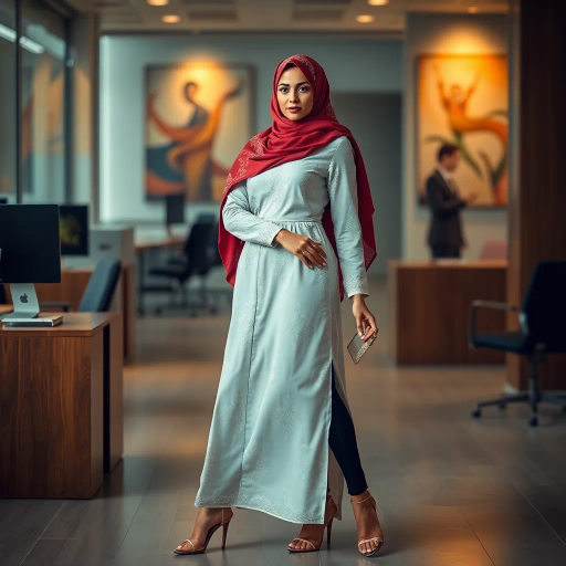Arab woman, elegant hijab, professional setting, modern workplace, high heels, Middle Eastern culture, contemporary art, intricate patterns, vibrant colors, soft lighting, dynamic pose, cultural expression, delicate fabrics, office environment, confident demeanor, sophisticated fashion, grace and poise, diverse representation, cultural fusion, empowerment, modernism, Impressionism influences, human form, balance and harmony, Henri Matisse, modern elegance, intricate textile patterns, vibrant aesthetic, global influence, artistic expression, dignity and strength, atmospheric composition, elegant lines, harmonious palette, seamless integration, modern artistry