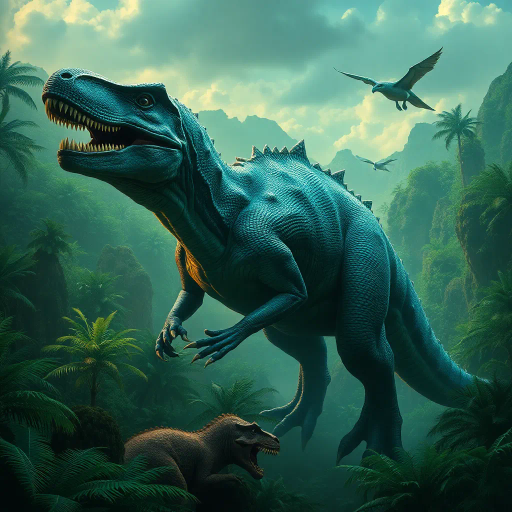 prehistoric creatures, majestic dinosaur, lush jungles, vivid emerald greens, dynamic poses, chiaroscuro lighting, mythical era, ethereal glow, intricate scales, surreal landscapes, movement and tension, timeless prehistoric panorama, Jules Verne influence, hyper-realistic textures, primordial ambiance, paleoart inspiration, vibrant life, dramatic skies, storytelling composition, atmospheric depth, earthy tones, grandeur and mysticism, visionary interpretation