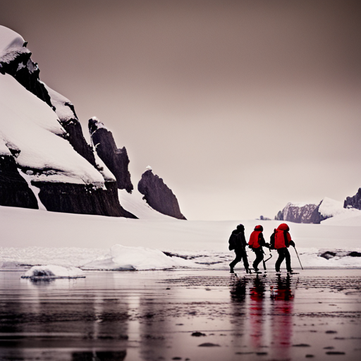 Arctic expeditionary teams, stark contrasts, muted palettes, dim sunlight, golden hour, snow-capped peaks, black and white, survival gear, ice formations