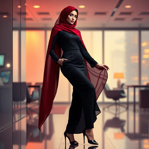 elegant Arab woman, sophisticated hijab, modern workplace, professional attire, high heels, Middle Eastern influence, contemporary art, intricate patterns, vibrant colors, soft lighting, dynamic pose, Impressionism influences, delicate fabrics, confident and empowering presence, cultural expression, diverse representation, cultural fusion, modernism, grace and poise, harmony, balance, cultural narrative, advanced digital techniques, refined textures, bold symbolism, inspired by Gustav Klimt, Art Nouveau elegance, surreal lighting, empowered femininity, rich textures, fluid movement, intricate details, cultural symbolism, confident aura, dynamic composition
