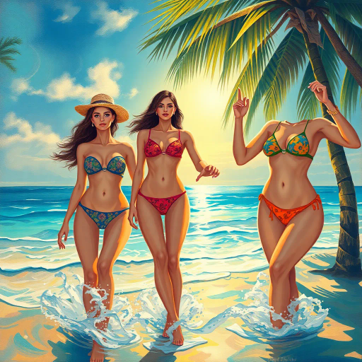 elegant ladies, vibrant bikinis, sunlit beaches, surreal lighting, impressionist techniques, flowing forms, saturated colors, dynamic compositions, Gustav Klimt, tropical ambiance, summer essence, playful and carefree mood, vibrant energy, contemporary flair, oceanic hues, shimmering textures, warm radiance, intricate patterns, modernistic approach, artistic femininity, fluid movement, dreamlike setting, bold contrasts, joyful expression, exotic influences, fashion illustration, max detail, symmetric balance