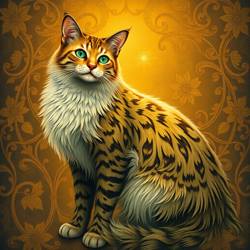elegant feline, majestic posture, intricate fur patterns, glistening emerald eyes, golden light, whimsical surrealism, inspired by Alphonse Mucha, luxurious tapestry, ethereal presence, enigmatic aura, flowing lines, Art Nouveau influences, warm autumn palette, delicate brushwork, mystical elegance, dynamic composition, fluid textures, gentle curves, serene grace, ornamental details, timeless beauty, harmonious balance