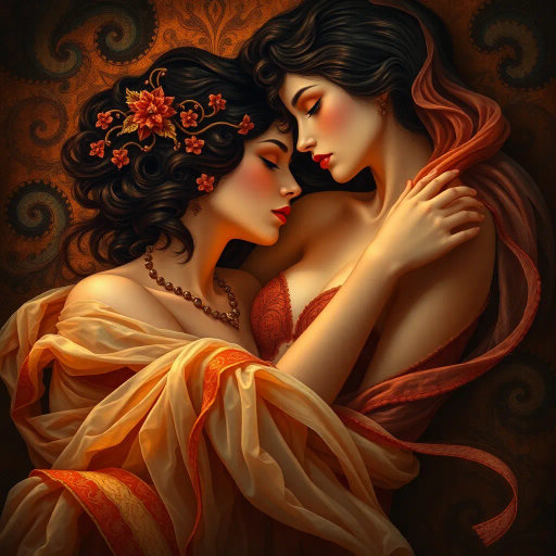 sensual ambiance, vibrant hues, soft textures, chiaroscuro lighting, intimate composition, Gustav Klimt, Art Nouveau influence, romantic undertones, flowing movements, delicate patterns, luxurious fabrics, warm palettes, gentle curves, emotional depth, evocative mood, intricate details, symbolic expression, ethereal aura, dreamlike quality, subtle elegance