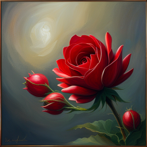 Romanticism, Still-Life, Oil Painting, Impressionism, Art Nouveau, Warm Lighting, Chiaroscuro, Emotional Symbolism, Thorns, Red Petals, Life Cycle, Fragility, Beauty, Nature