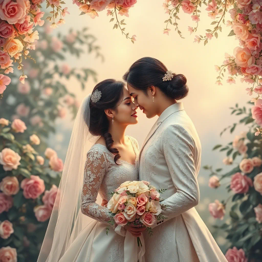 romantic celebration, matrimonial elegance, fantasy romance, ethereal lighting, soft pastels, intricate lacework, floral patterns, Art Nouveau influences, delicate brushstrokes, serene mood, timeless elegance, elegant typography, whimsical compositions, dynamic symmetry, cultural motifs, lush gardens, emotional warmth, gentle reflections, soft textures, harmonious palette, dreamlike ambiance, intimate framing, vibrant joy, exquisite details, artistic refinement, visual storytelling, graceful movements, unity and togetherness