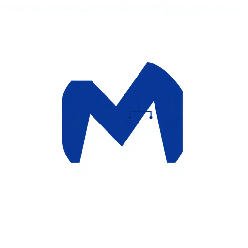 minimalist, bold, letter M, logo design, solid geometric shapes, V-shaped connectors, branching lines, hierarchy symbolism, indigo blue color palette, flat vector style, clean composition, modern SaaS branding, software aesthetics, white background, high-tech elegance, contemporary design, clarity, sleek presentation, geometric precision, corporate identity, monochromatic balance, visual hierarchy