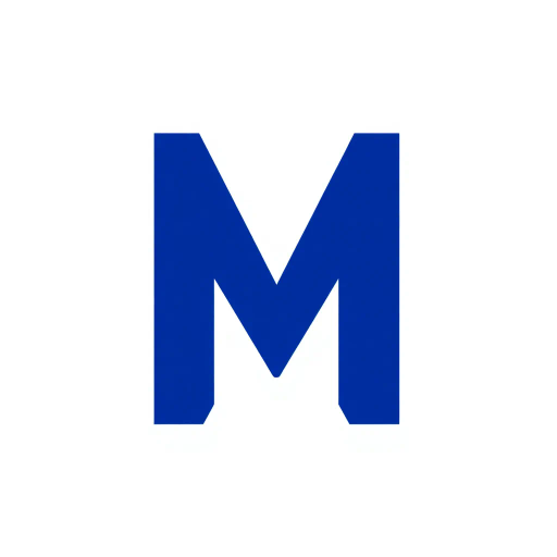 minimal M logo, perspective convergence, depth, hierarchy, solid indigo blue, geometric, modern tech design, flat vector, white background, Bauhaus influences, clean lines, symmetry, contemporary aesthetics, spatial innovation, futurism, precision, abstraction, innovative branding, structural elegance