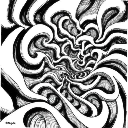 geometric shapes, intricate patterns, flowing lines, minimalist design, abstract expression, monochrome palette, dynamic movement, M.C. Escher influence, precise detailing, linear perspective, conceptual exploration, visual harmony, contour emphasis, spatial depth, contemporary influence, surreal geometry, optical illusion, mathematical artistry, avant-garde composition, abstract forms, pen and ink medium, black and white contrast, intersecting lines, detailed tessellation, fluid dynamics, rhythmic patterns, creative geometry, fine linework, subtle gradients, modern abstraction, artistic innovation, interlocking forms, infinite loops, Escherian landscapes, artistic paradox