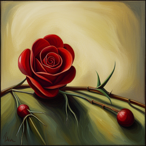 romanticism, still-life, oil painting, impressionism, art nouveau, warm lighting, chiaroscuro, contrast, emotional symbolism, delicate, thorns, red, life cycle, fragility, beauty, nature