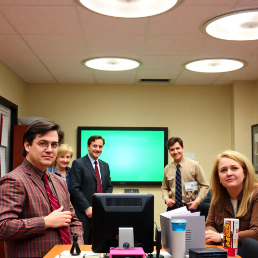 The Office, TV show, satirical humor, vibrant, Steve Carell, ensemble cast, mockumentary style, quirky, everyday life, work environment, subtle irony, character dynamics, Michael Scott, Dunder Mifflin, Scranton, Pennsylvania, documentary filming, 2000s television, comedic timing, deadpan expression, cultural phenomenon, paper company, witty banter, office antics, relatable humor, office supplies, Jim Halpert, Pam Beesly, Dwight Schrute, team dynamics, overhead fluorescent lighting, mundane yet charming, round camera angles, workplace relationships