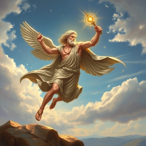 Hermes, Greek god, divine messenger, wings on sandals, caduceus, swift movement, dynamic pose, classical antiquity, mythological figure, ethereal glow, lively expression, flowing robes, bronze sheen, golden highlights, celestial ambiance, divine radiance, Olympian grandeur, Renaissance elegance, masterful brushwork, majestic presence, fluid motion, wind-swept landscape, spiritual journey, open sky, artistic symbolism, celestial themes, Homeric influence, Roman frescoes, Hermes Trismegistus, elevated perspective, spiritual transcendence, mythological elegance, ethereal expression, ancient mythology