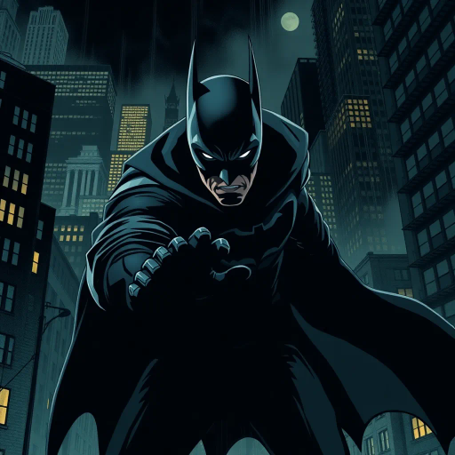 heroic, vigilante, cityscape, dynamic poses, action-packed scene, late 1930s noir, strong jawline, enigmatic, Dark Knight influence, chiaroscuro, graphic novel aesthetics, dramatic shadows, urban environment, caped figure, bold lines, contrasting colors, crime-fighting, tension, mystery, iconic silhouette, night setting, Gotham-like architecture, expressive, narrative-driven