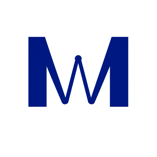 abstract letter M logo, parent node, child nodes, thin branching lines, tree hierarchy, indigo gradient, minimal vector design, white background, geometric abstraction, modernist influence, Bauhaus, clean lines, connection symbolism, hierarchical structure, conceptual design, negative space, visual balance, contemporary aesthetics