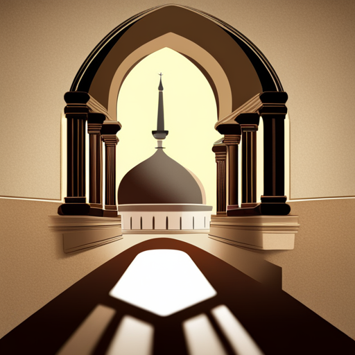 mosque, rounded border, border shadow, clock, 04:10, caption, 7 minutes walking distance, location