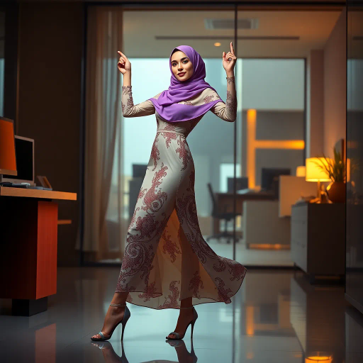 elegant Arab woman, contemporary fashion, hijab, professional attire, modern workplace, high heels, Middle Eastern influence, vibrant colors, soft ambient lighting, dynamic posing, cultural expression, delicate textiles, confident and empowering presence, sophisticated grace, diverse cultural representation, fusion of modern and traditional elements, cultural fusion, empowerment and poise, Impressionism influences, Gustav Klimt inspiration, Art Nouveau elegance, intricate patterns, intricate detailing, vibrant color palette, symbolic attire, office environment, balance and harmony, dynamic composition, surreal lighting, cultural narrative, refined textures, bold symbolism, artistic influences, multicultural dialogue, striking balance, expressive realism, innovative representation, unique fashion, delicate balance, harmonious color palette