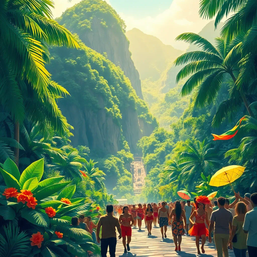 tropical paradise, vibrant rainforest, Rio Carnival, Brazilian culture, Jorge Selarón, Carmen Miranda, exuberant colors, lush vegetation, dynamic samba dancers, vivid patterns, Amazon River, exotic wildlife, modern architecture, indigenous art, celebratory mood, Afro-Brazilian heritage, vibrant street scenes, bold compositions, fluid movement, warmth and energy, sunlit landscapes, urban diversity, festive atmosphere, contemporary influences, chromatic brilliance