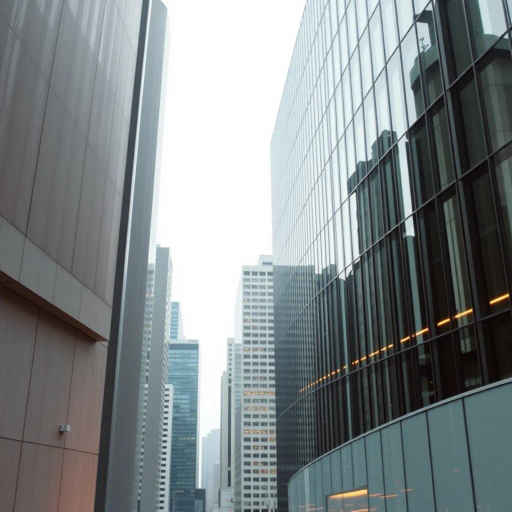 corporate leadership, modern architecture, executive presence, sleek design, dynamic composition, inspired by Andy Warhol and Bauhaus minimalism, emphasis on power and authority, neutral tones contrasted with vivid accents, high-rise perspectives, sharp lines, urban ambiance, technological influence, modernist aesthetics, strong focus on hierarchy and structure, professional environment, innovation, futuristic urban setting, ethereal lighting, clean and polished textures