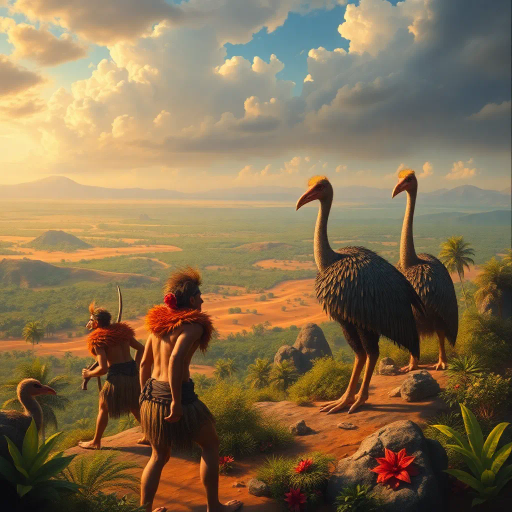 prehistoric warriors, animal pelts, dinosaur-like cassowaries, verdant oasis, expansive desert horizon, dramatic lighting, vibrant colors, surreal landscape, Jean Giraud, Maurice Sendak, Maxfield Parrish, cinematic scale, intricate textures, mythical narrative, exotic flora, adventurous mood, Henri Rousseau, ethereal atmosphere, dynamic movement, whimsical creatures, lavish detailing, imaginative world-building, untamed wilderness, epic scale, rich detail, primal energy, panoramic view, fantastical adventure, cultural symbolism, adventurous spirit, fusion of history and fiction, expressive brushstrokes, prehistoric visual storytelling, convergence of eras