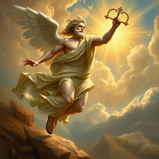 Hermes, Greek god, divine messenger, wings on sandals, caduceus, swift movement, dynamic pose, classical antiquity, mythological figure, ethereal glow, lively expression, flowing robes, bronze sheen, golden highlights, celestial ambiance, divine radiance, Olympian grandeur, Renaissance elegance, masterful brushwork, majestic presence, fluid motion, wind-swept landscape, spiritual journey, open sky, artistic symbolism, celestial themes, Homeric influence, Roman frescoes, Hermes Trismegistus, elevated perspective, spiritual transcendence, mythological elegance, ethereal expression, ancient mythology