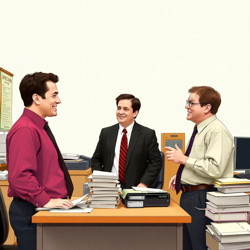 satirical, workplace comedy, 2000s television, vibrant characters, humorous interactions, Michael Scott, Jim Halpert, Dwight Schrute, sardonic wit, office dynamics, banter, mundane setting, Scranton, paper company, unconventional storytelling, ensemble cast, mockumentary style, Steve Carell, quirky relationships, deadpan humor, varied personalities, narrative arcs, expressive body language, exaggerated emotions, bright lighting, cheerful ambiance, subtle social commentary, scenographic composition