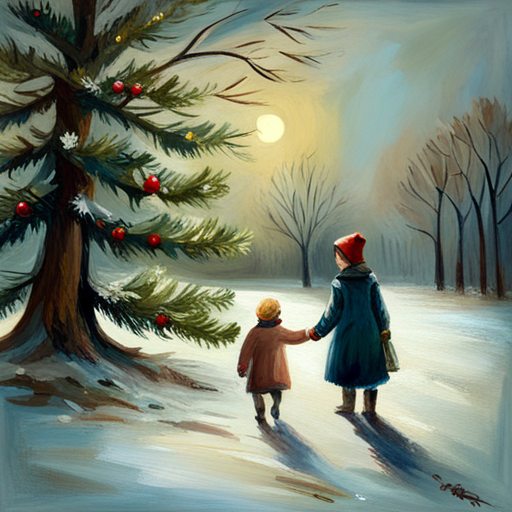 Vintage oil, impersonalism, winter, children, Christmas tree, painting, classic, muted colors