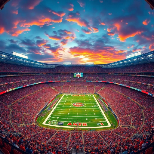 majestic, football stadium, panoramic view, vibrant energy, modern architecture, vast crowd, immersive atmosphere, dynamic lighting, vivid colors, iconic sports venue, dramatic sky, high-detailed textures, lively movement, cultural spectacle, wide-angle perspective, epic scale, contemporary design, exhilarating moment, sporting tradition, architectural grandeur