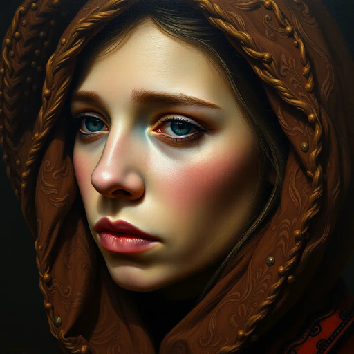 hyper-realism, detailed textures, chiaroscuro lighting, vibrant colors, Rembrandt influence, meticulous detail, natural light, atmospheric depth, emotional resonance, lifelike depiction, intricate composition, smooth gradients, realistic textures, expressive portraits, soft focus, dimensional accuracy, dynamic range, capturing essence, high detail, refined realism