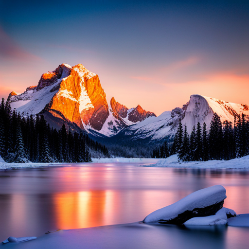 majestic peaks, serene vista, natural beauty, snow-capped mountains, golden hour lighting, rolling hills, alpine trees, rugged terrain, awe-inspiring height, isolated wilderness, distant horizon