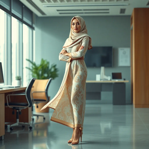 Arab woman, elegant hijab, professional setting, modern workplace, high heels, Middle Eastern culture, contemporary art, intricate patterns, vibrant colors, soft lighting, dynamic pose, cultural expression, delicate fabrics, office environment, confident demeanor, sophisticated fashion, grace and poise, diverse representation, cultural fusion, empowerment, modernism, Impressionism influences, human form, balance and harmony, Henri Matisse, modern elegance, intricate textile patterns, vibrant aesthetic, global influence, artistic expression, dignity and strength, atmospheric composition, elegant lines, harmonious palette, seamless integration, modern artistry