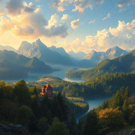 lush forests, mythical creatures, vibrant flora, Claude Monet, ethereal atmosphere, golden hour light, intricate patterns, vivid colors, enchanted landscapes, surreal elements, dreamlike, whimsical mood, magical realism, expansive vistas, Renaissance influence, detailed foliage, flowing rivers, soft textures, twilight glow, mystical ambiance, narrative composition, harmonious balance, imaginative world