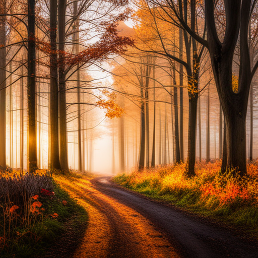 autumn, foliage, colors, golden hour, nature, landscape, impressionism, warm tones, atmospheric, tranquility, fall, season, harvest, harvest moon, misty, earthy, rustic, vibrant, cozy, nostalgic, picturesque, serenity, solitude, melancholy, fall foliage, golden sunlight, misty mornings, pumpkin patches, cozy sweaters, crisp air, changing leaves, bonfire gatherings