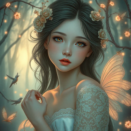 innocent young maiden, charming elegance, ethereal glow, inspired by Yoshitaka Amano, whimsical fantasy, serene ambiance, soft pastel hues, delicate brushwork, intricate lace textures, dreamlike scene, luminous lighting, gentle perspective, emotional warmth, magical atmosphere, fairy tale influences, graceful pose, art nouveau curves, enchanting forest backdrop, mythical creatures, serene expression