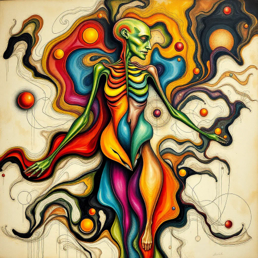 abstract anatomy, surreal forms, Salvador Dali, flowing lines, vibrant colors, organic shapes, dream-like, postmodern, contrasting textures, fluid motion, golden ratio, expressionism, dynamic composition, cultural symbolism, intimate scale, chiaroscuro lighting, emotional resonance, organic materials, metaphorical representation