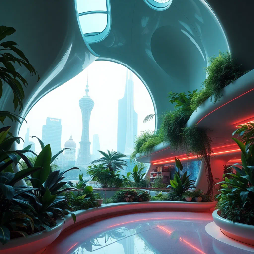 futuristic utopia, 2000s nostalgia, vibrant hues, glossy textures, lush greenery, botanical abundance, retro-futurism, blue and green palette, ecological harmony, smooth surfaces, reflective materials, soft gradients, hyper-realistic landscapes, Claude Lorrain influence, immersive environment, ethereal lighting, sprawling cityscapes, verdant parks, organic architecture, serene atmosphere, visionary aesthetics, dynamic compositions, interplay of nature and technology, fluid shapes, harmonious coexistence, evocative serenity, sustainable vision