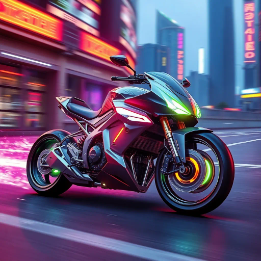 futuristic motorcycle, sleek design, dynamic movement, vibrant neon lighting, retro-futurism aesthetics, Ralph McQuarrie, cyberpunk cityscape, speed and energy, chrome finishes, intricate mechanical details, kinetic composition, bold contrasts, urban night setting, digital rendering techniques, motion blur, concept art, streamlined form, synthetic materials, high contrast shadows, immersive environment, Akira inspiration, Blade Runner ambiance, luminous reflections, electric hues, cutting-edge technology, dusk ambiance, cinematic angles, futuristic metropolis, pulsating vibrancy