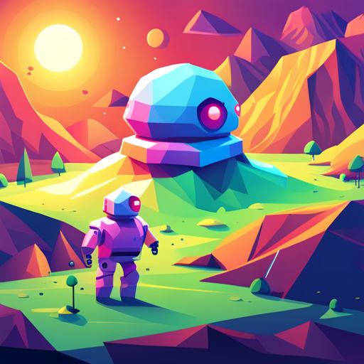 cute bot, geometric shapes, vectors, low-poly, isometric perspective, primary colors, cubic forms, minimalism, animation, 3D modeling, digital medium, playful mood