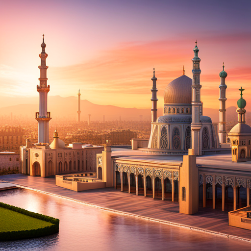 Two mosques, with a digital clock attached to each mosque, isometric view, architectural design, geometric shapes, Islamic architecture, minarets, domes, symmetry, arabesque patterns, calligraphy, marble flooring, arches, prayer halls, courtyard, spires, Islamic art, religious symbols, spiritual ambiance, golden accents, intricate details