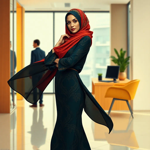 Arab woman, elegant hijab, professional setting, modern workplace, high heels, Middle Eastern culture, contemporary art, intricate patterns, vibrant colors, soft lighting, dynamic pose, cultural expression, delicate fabrics, office environment, confident demeanor, sophisticated fashion, grace and poise, diverse representation, cultural fusion, empowerment, modernism, Impressionism influences, human form, balance and harmony, Henri Matisse, modern elegance, intricate textile patterns, vibrant aesthetic, global influence, artistic expression, dignity and strength, atmospheric composition, elegant lines, harmonious palette, seamless integration, modern artistry