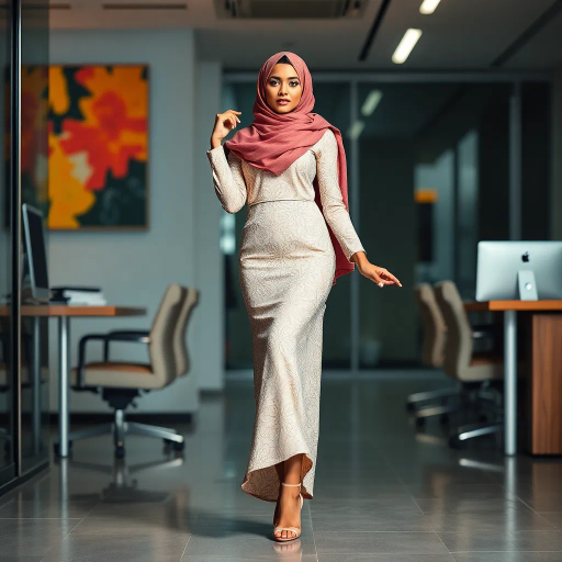 Arab woman, elegant hijab, professional setting, modern workplace, high heels, Middle Eastern culture, contemporary art, intricate patterns, vibrant colors, soft lighting, dynamic pose, cultural expression, delicate fabrics, office environment, confident demeanor, sophisticated fashion, grace and poise, diverse representation, cultural fusion, empowerment, modernism, Impressionism influences, human form, balance and harmony, Henri Matisse, modern elegance, intricate textile patterns, vibrant aesthetic, global influence, artistic expression, dignity and strength, atmospheric composition, elegant lines, harmonious palette, seamless integration, modern artistry