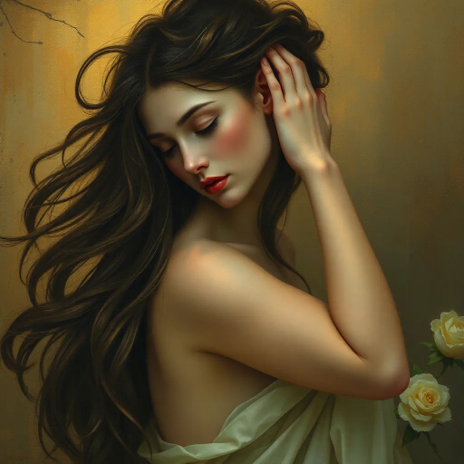 ethereal beauty, renaissance inspiration, dramatic lighting, chiaroscuro, delicate form, impressionistic touches, Gustav Klimt, soft pastels, flowing lines, timeless elegance, Art Nouveau influence, subtle textures, harmonious composition, emotional depth, sensual grace, intricate detail, dreamlike atmosphere, serene expression, gentle movement, classic pose