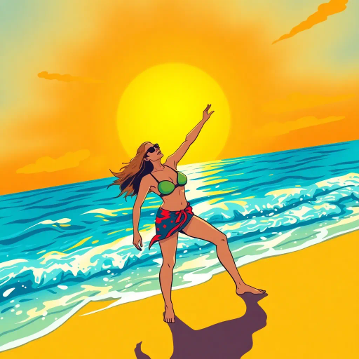 sunlit beach, vibrant colors, ocean breeze, carefree joy, summer glow, contemporary fashion, leisure and relaxation, tropical paradise, sandy textures, azure seas, dynamic female figure, graceful pose, shimmering waves, warm sunlight, Henri Matisse, modern impressionism, idyllic setting, lighthearted mood, rich details, playful composition, fluid movement, oceanic palette, vibrant hues