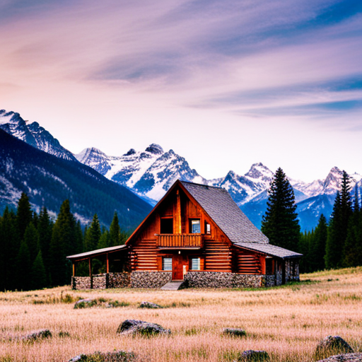 snow-covered mountain, cozy cabin, winter landscape, glowing fireplace, starry sky, snowy trees, soft lighting, rustic wood decor, mountain range, retreat, tranquility