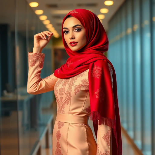 elegant Arab woman, contemporary fashion, hijab, professional attire, modern workplace, high heels, Middle Eastern influence, vibrant colors, soft ambient lighting, dynamic posing, cultural expression, delicate textiles, confident and empowering presence, sophisticated grace, diverse cultural representation, fusion of modern and traditional elements, cultural fusion, empowerment and poise, Impressionism influences, Gustav Klimt inspiration, Art Nouveau elegance, intricate patterns, intricate detailing, vibrant color palette, symbolic attire, office environment, balance and harmony, dynamic composition, surreal lighting, cultural narrative, refined textures, bold symbolism, artistic influences, multicultural dialogue, striking balance, expressive realism, innovative representation, unique fashion, delicate balance, harmonious color palette