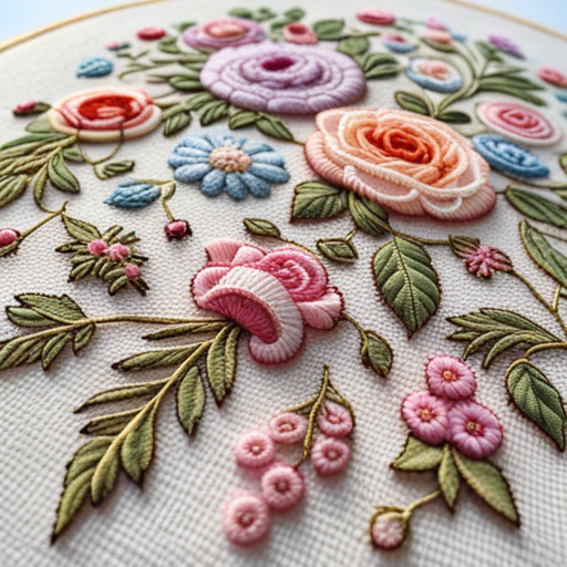 pastel, floral, embroidery, delicate, intricate, stitches, thread, needlework, vintage, handcrafted, soft colors, nature-inspired, botanical, feminine, decorative, embellished, texture, needlepoint, cross-stitch, tapestry, fabric, cloth, sewing, traditional, detailed