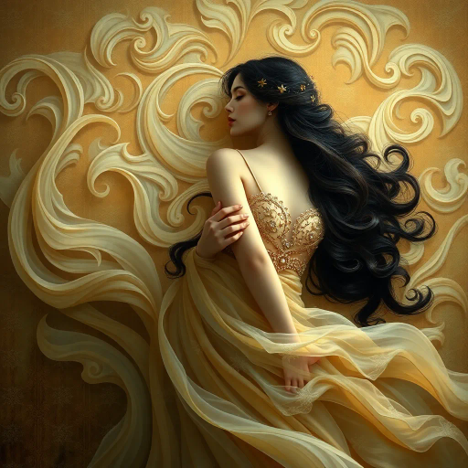 surreal, ethereal, timeless elegance, Gustav Klimt, Art Nouveau, flowing curves, soft lighting, pastel hues, Renaissance, delicate textures, elegant composition, dreamlike atmosphere, symbolic, feminine grace, chiaroscuro, intimate setting, sensuality, muted tones, baroque influences, detailed, emotional depth, harmonious balance, ornate embellishments, idyllic scene, captivating presence