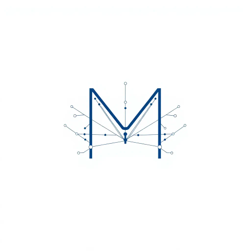 abstract letter M logo, parent node, child nodes, thin branching lines, tree hierarchy, indigo gradient, minimal vector design, white background, geometric abstraction, modernist influence, Bauhaus, clean lines, connection symbolism, hierarchical structure, conceptual design, negative space, visual balance, contemporary aesthetics