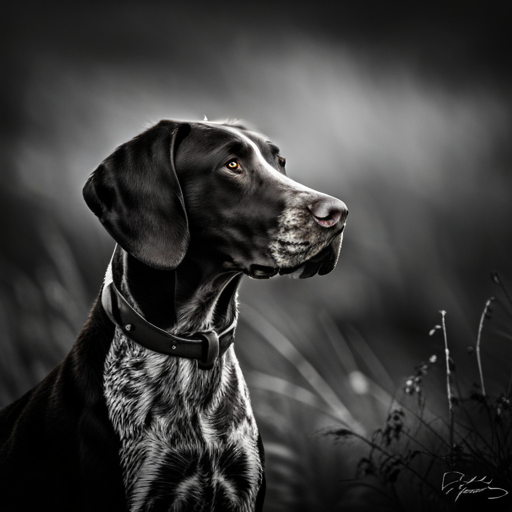 A majestic German Shorthair Pointer posing in a natural reserve, with a golden hour light setting, enhancing its deep brown coat. The composition follows the rule of thirds, with the dog facing towards left, giving an impression of movement. The background is defocused, but still adding to the overall atmosphere with green and yellow tones. The texture of the dog's fur is visible, especially around the ears and spot markings. The image has a high level of detail, capturing the essence of the breed.