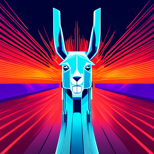 colorful abstract vector llama, futuristic robot, neon lights, geometric shapes, bold composition, metallic materials, technology, movement, cutting-edge perspective, vibrant energy