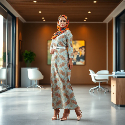Arab woman, elegant hijab, professional setting, modern workplace, high heels, Middle Eastern culture, contemporary art, intricate patterns, vibrant colors, soft lighting, dynamic pose, cultural expression, delicate fabrics, office environment, confident demeanor, sophisticated fashion, grace and poise, diverse representation, cultural fusion, empowerment, modernism, Impressionism influences, human form, balance and harmony, Henri Matisse, modern elegance, intricate textile patterns, vibrant aesthetic, global influence, artistic expression, dignity and strength, atmospheric composition, elegant lines, harmonious palette, seamless integration, modern artistry